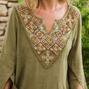 Soft Surroundings Embroidered Fringe Beaded Gauze Top New